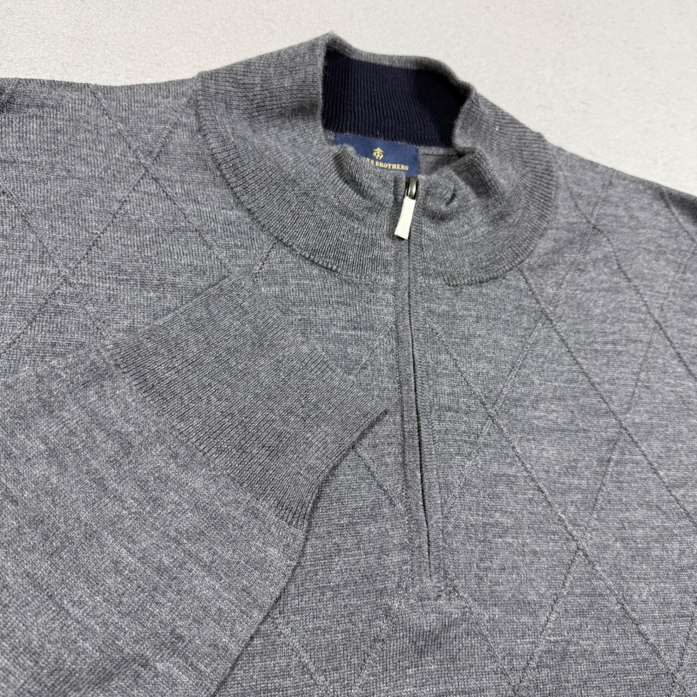 Brooks Brothers Mens Grey Merino Wool Blend Diamond Knit Quarter Zip Sweater XXL